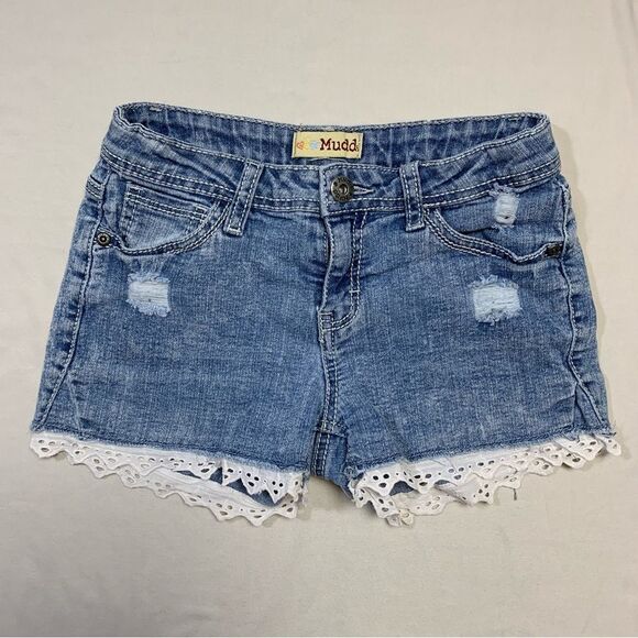 Jean Shorts Girls 14 Lace hem blue denim Adjustable distressed Summer Mudd Boho - Picture 1 of 6